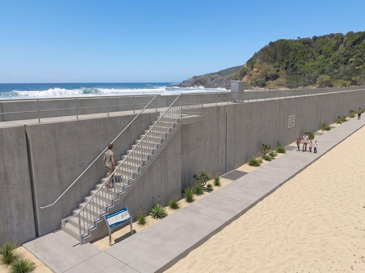 Artist's impression of concrete stairs with handrails leading over the containment wall