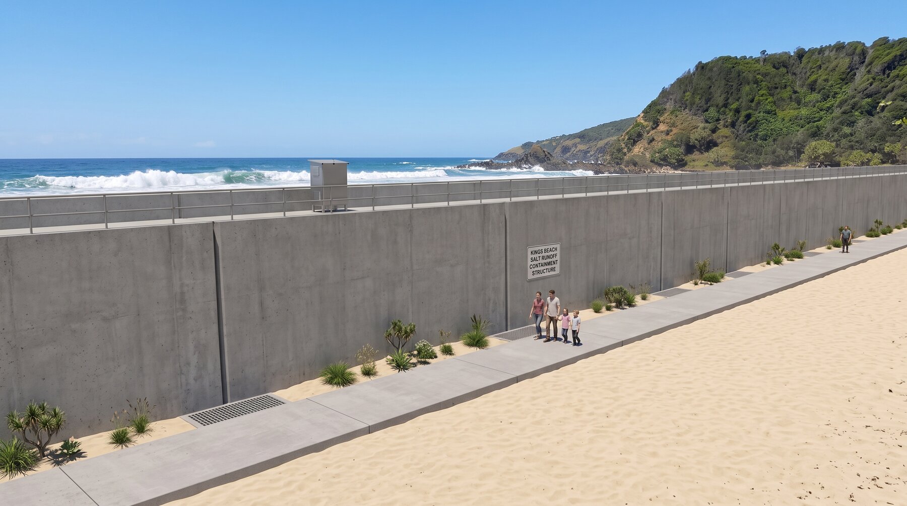 Artist's impression of the beach side of the wall with native planting, a path and signage