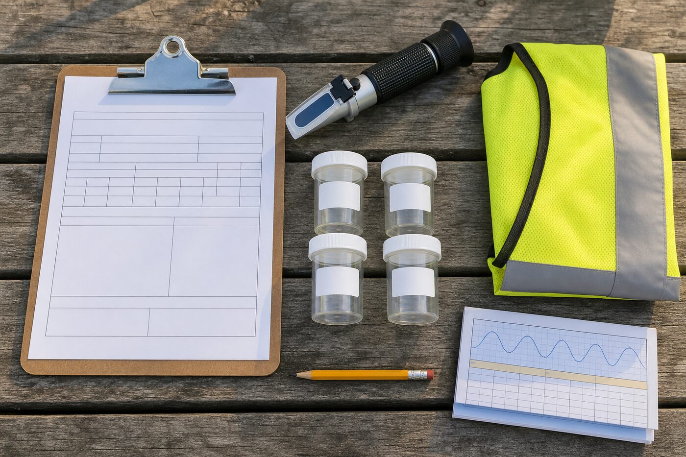 Salt monitoring kit: clipboard with observation form, refractometer, sample jars, hi-vis vest and tide chart